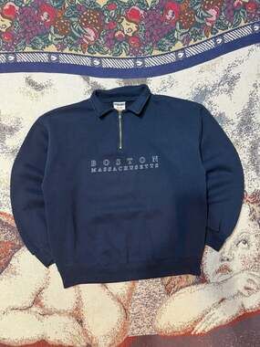 Vintage Navy Jerzees Boston Massachusetts Half Zip Sweatshirt